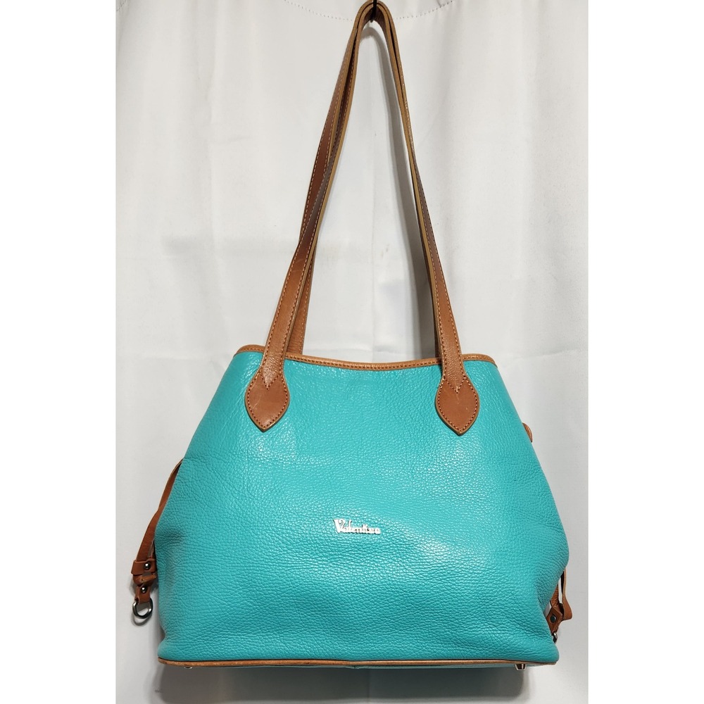 Valentina Italy Turquoise Pebbled Leather Shoulder Bag Tan Trim Tote Silver Tone
